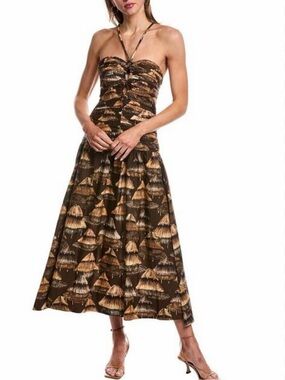 FARM Rio Strapless Brown & Tan Patterned Midi Dress
